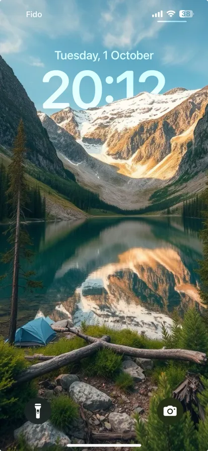 A peaceful mountain landscape with a tent by a lake. - depth effect wallpaper