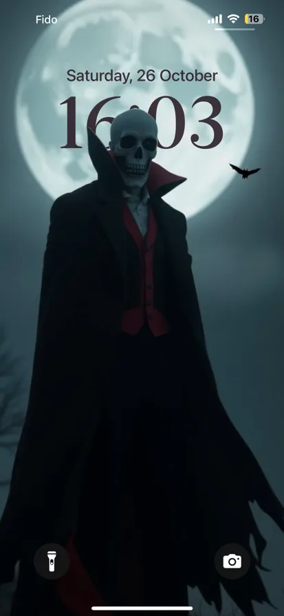 A skeletal figure in a black cape and red vest stands under a full moon in a foggy, eerie setting.