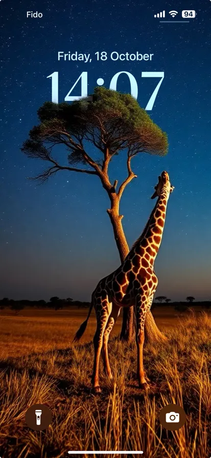 A giraffe stands under a starry sky beside a tree.