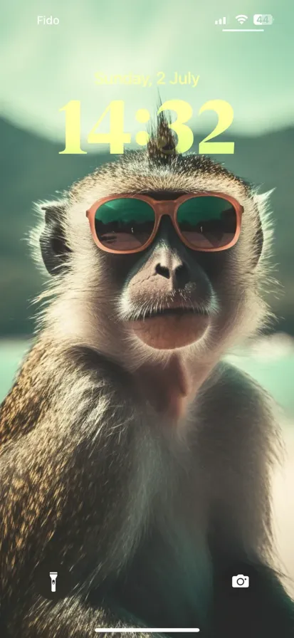 A psychedelic monkey with a blurry background of palm trees