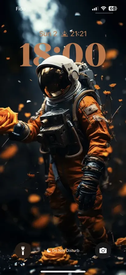 Astronaut in white spacesuit holds yellow flower, floating in space, helmet reflects stars. Adds color to endless void.