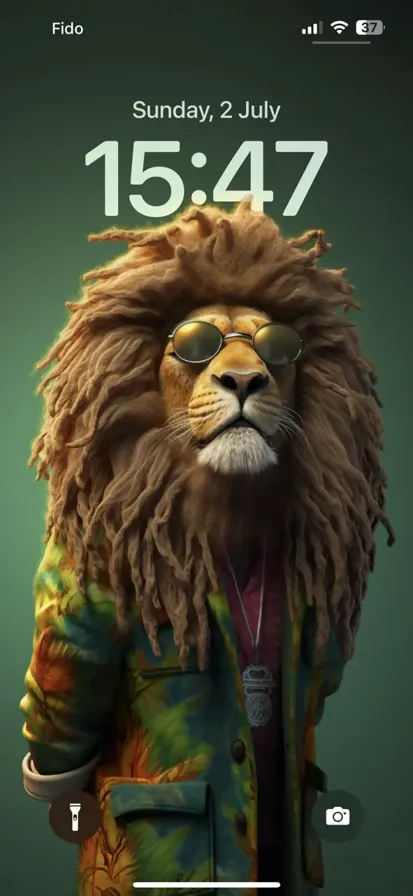 A full body shot of a Rastafari lion wearing sunglasses against an African-inspired background.