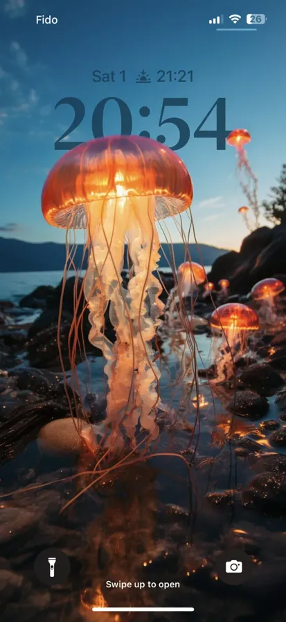 Translucent, vibrant jellyfish glows gracefully as it swims at sunset, illuminating its surroundings.