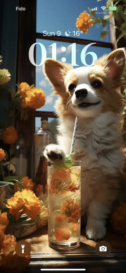 Baby Corgi enjoys a vibrant, refreshing cocktail with tequila, lime juice, and grapefruit soda, adding visual appeal.