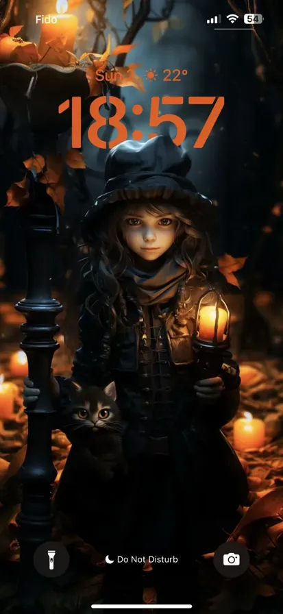 Friendly witch & her cat smiling. Traditional outfit. Autumn leaves on wooden fence. Enchanted scene conjured.