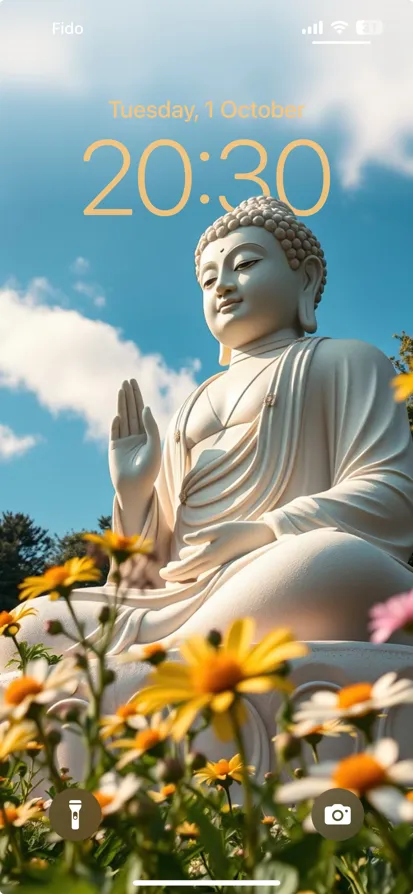 A calm seated Buddha with vibrant flowers in front.