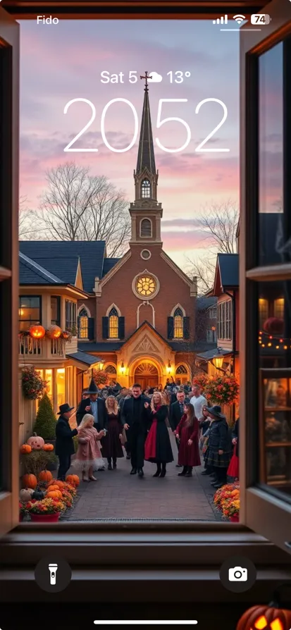 A quaint street with a church, festive people, and autumn decor at sunset.