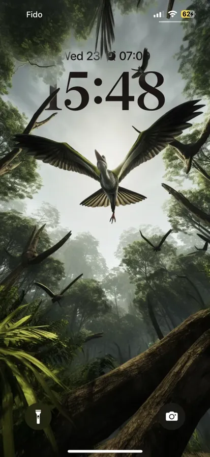 A Pterodactyl flying in a lush forest seeing from below