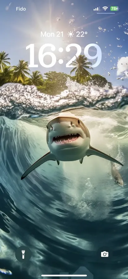 Sharks swimming around on a sunny day. The background features the depths of the sea.