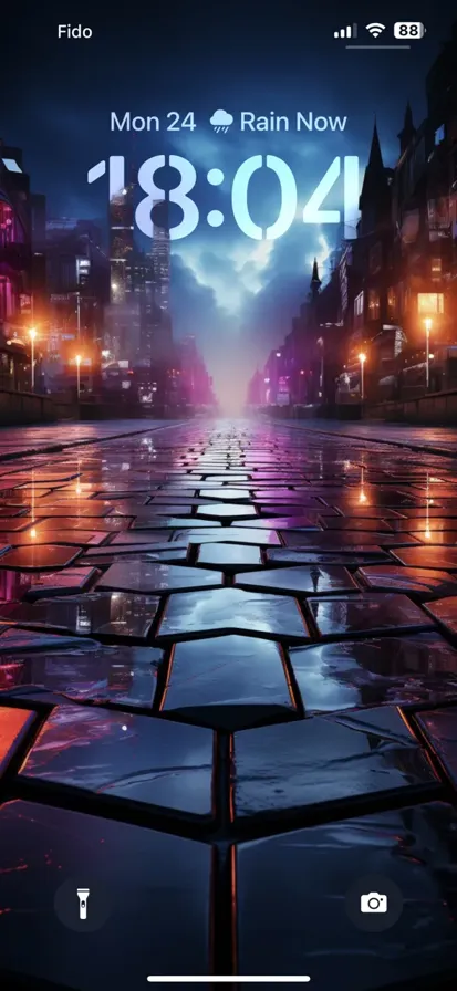 A parallax scene of a hexagon in the middle of a dark street with glowing lights.