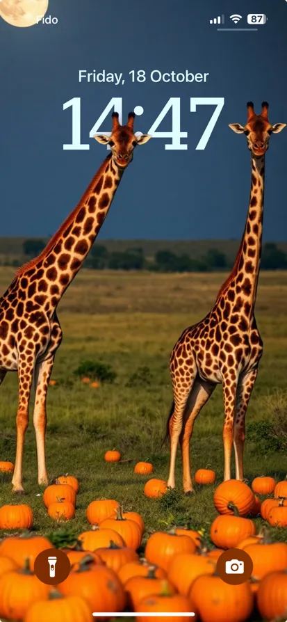 Two giraffes stand in a pumpkin field beneath a full moon. - depth effect wallpaper