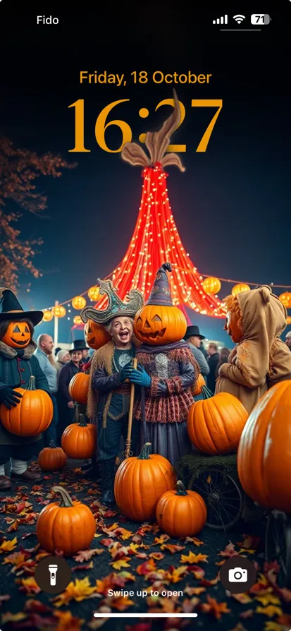 A joyful Halloween scene with pumpkin heads and autumn decor.