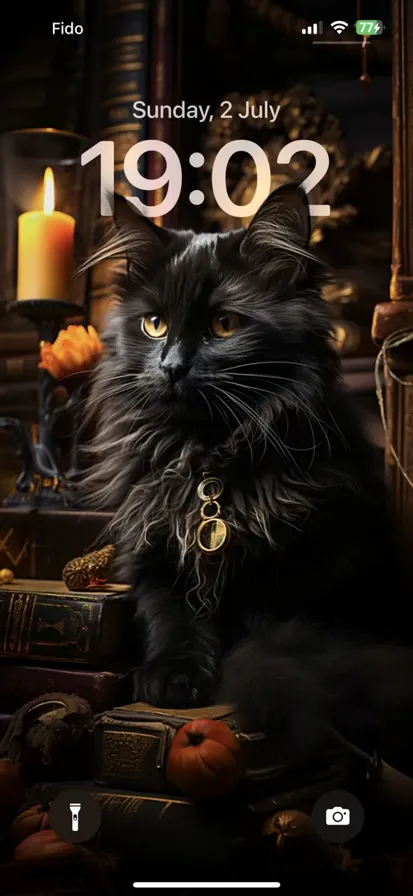Charming black cat with shiny fur and captivating green eyes gazes at the camera, ears perked up. Curious and attentive. - depth effect wallpaper