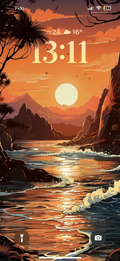 Illustration of a sunset in the ocean, surrounded by majestic mountains and lush trees.