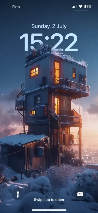 Glowing neon-lit cyber house amidst golden snow, featuring futuristic architecture, stands alone.