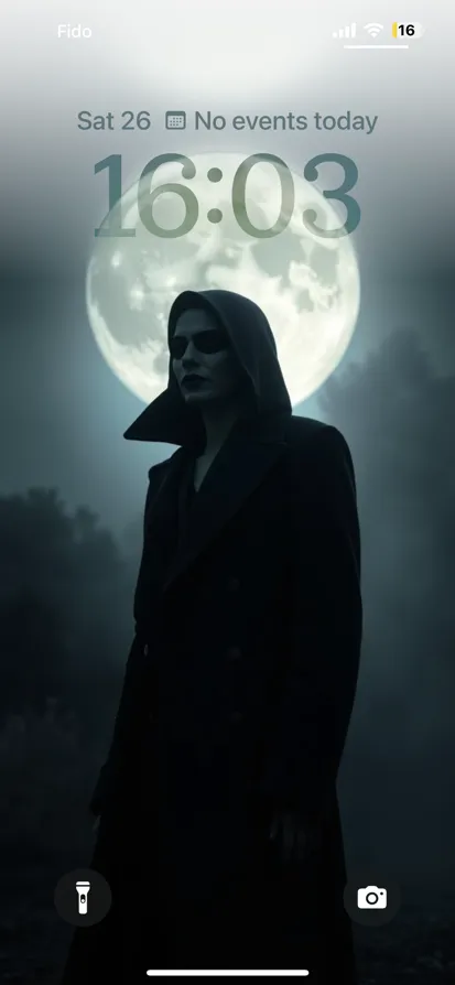 A hooded figure with dark makeup stands by a glowing moon.