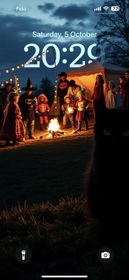 A warm outdoor gathering with costumes, campfire, and a black cat. - depth effect wallpaper