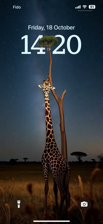 A giraffe stands elegantly at night against a starry sky.