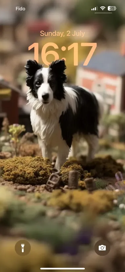 Enthusiastic Border Collie in a diorama - Smart gaze, playful demeanor, vibrant black and white fur, blending with the backdrop. - depth effect wallpaper