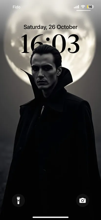 A figure in a black coat stands under a luminous full moon. - depth effect wallpaper