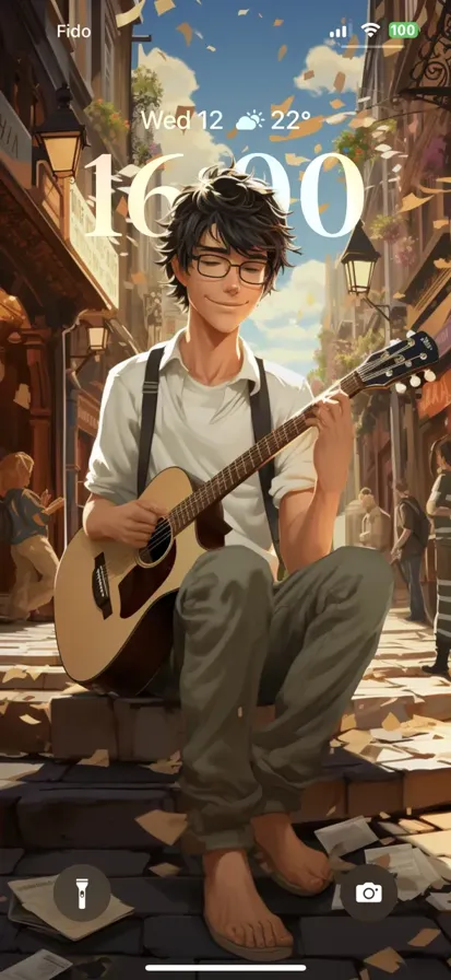 anime-like man playing guitar on city stairs with people walking in the background
