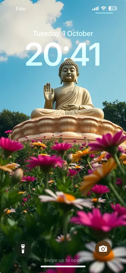 A serene seated Buddha statue with flowers, under a blue sky. - depth effect wallpaper