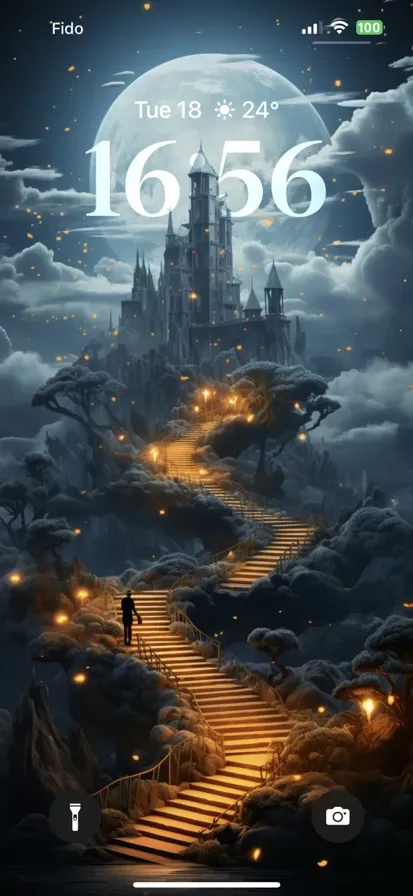 A person is walking towards a stairway that leads to a huge castle.