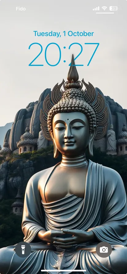 A majestic metallic Buddha statue amid ancient temples.