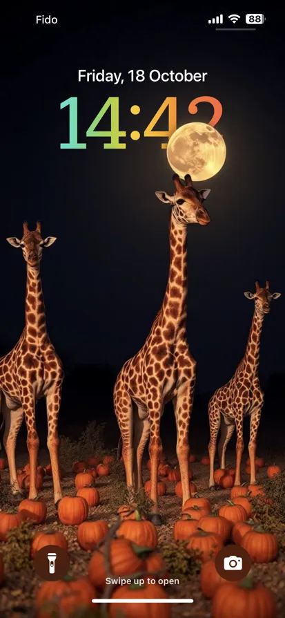 Three giraffes stand among orange pumpkins under a full moon.