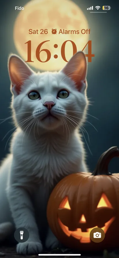 A white cat with green eyes sits by a glowing pumpkin under a full moon.