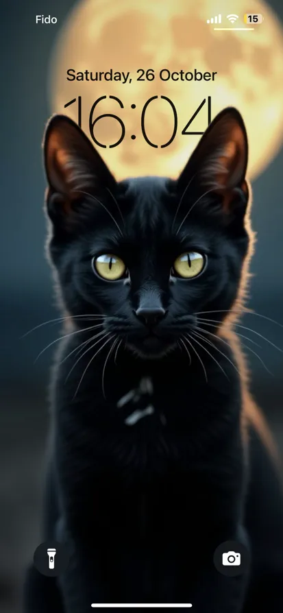 Close-up of a curious black cat with yellow eyes by a glowing full moon.