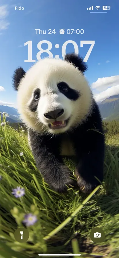 Cute panda in a serene setting of blue sky and mountains