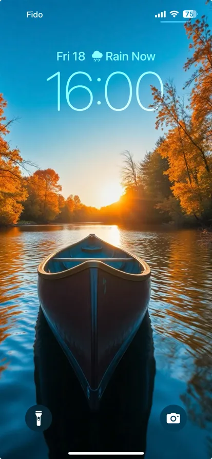 A peaceful river scene at sunset with a red canoe and autumn foliage.