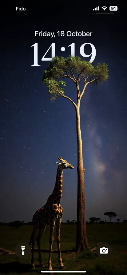 A serene scene of a giraffe by a tree under stars.