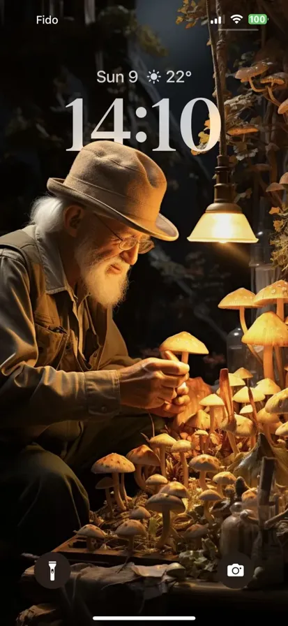 An elderly man cultivating a mushroom in nature.