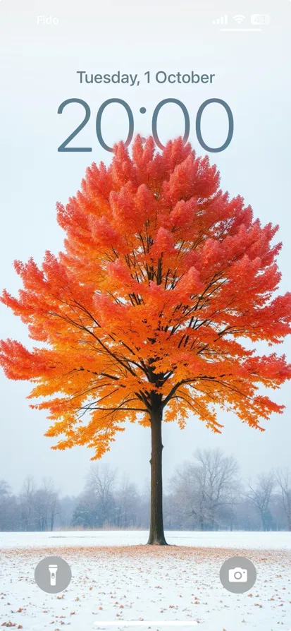 A colorful tree with orange and red leaves in a snowy setting.