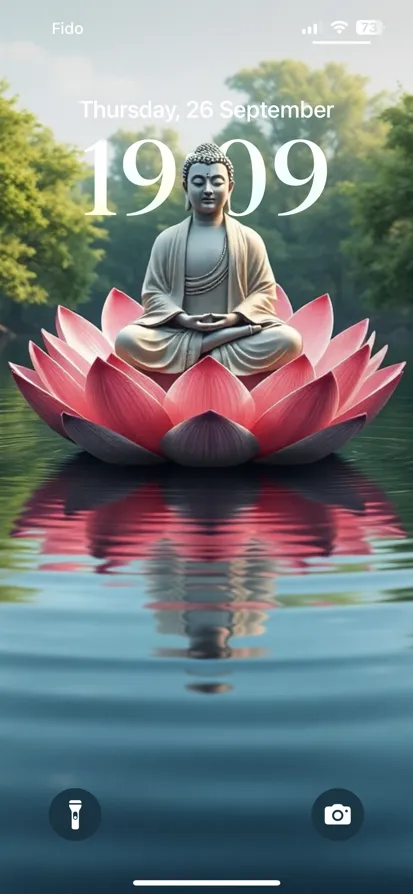 A Buddha statue sits in meditation on a pink lotus, surrounded by peaceful nature.