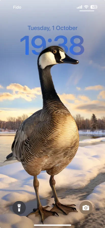 A goose on snow with a serene background of trees and water.