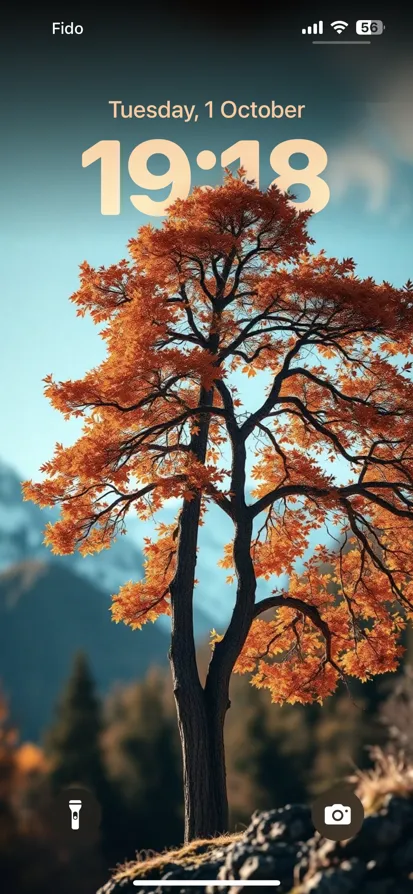 A tall tree with orange leaves under a clear blue sky. - depth effect wallpaper