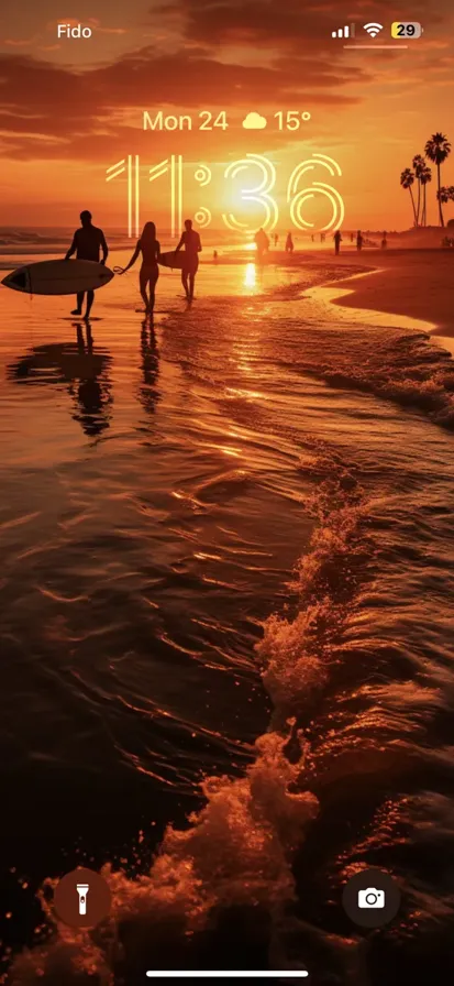 A group of people are walking in the ocean while enjoying an amazing sunset.