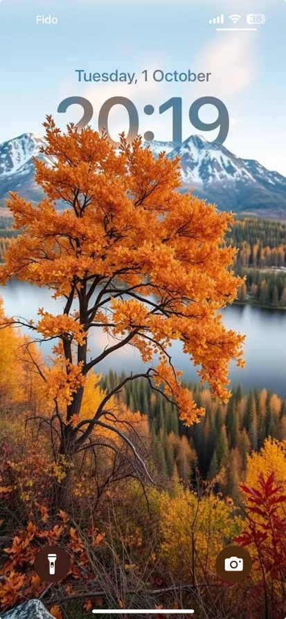 Stunning autumn scene with orange leaves and snow-capped mountains.