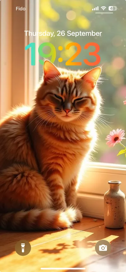 An orange cat basks in sunlight by a window, surrounded by flowers.