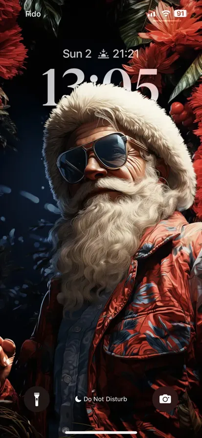 Santa Claus is wearing a Hawaiian shirt and sunglasses, surrounded by palm trees and tropical flowers.
