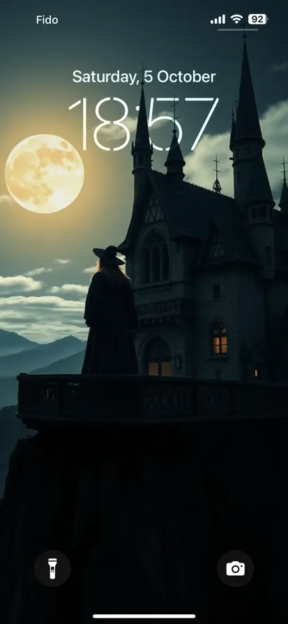 A cloaked figure stands on a castle balcony under a glowing moon over misty mountains. - depth effect wallpaper