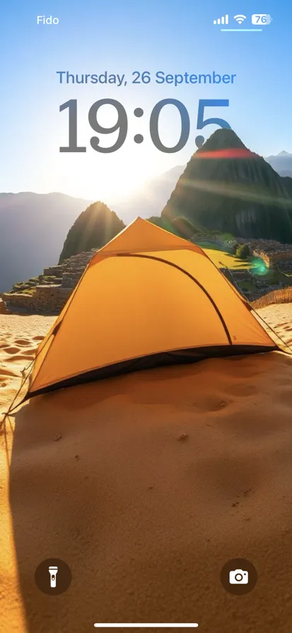 A bright yellow tent on sandy terrain with mountains. - depth effect wallpaper