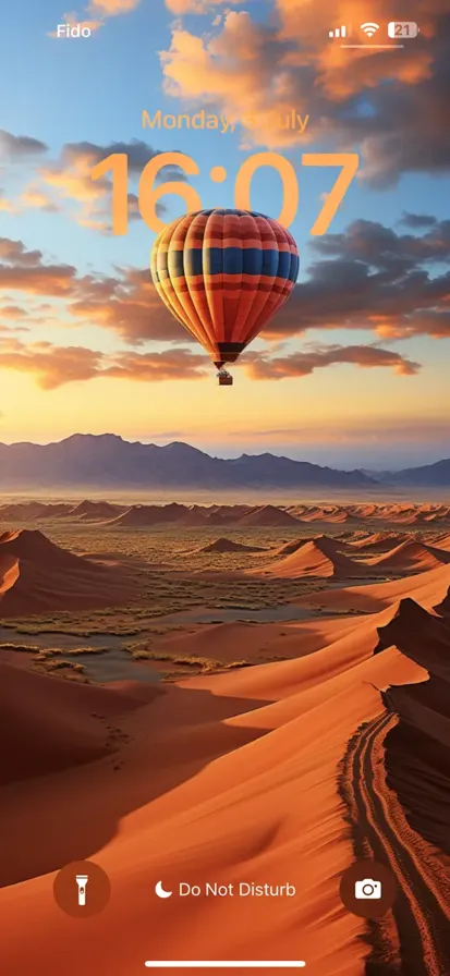 A stunning hot air balloon glides through clear blue skies, displaying whimsical patterns in golden sunlight.