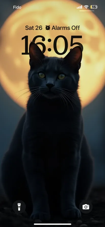 A dark cat gazes at a glowing full moon in twilight. - depth effect wallpaper