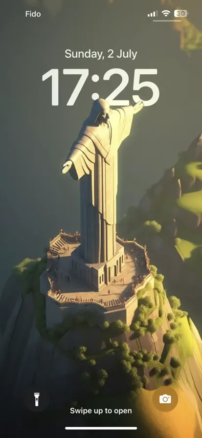 3D Christ the Redeemer statue atop Corcovado mountain, overlooking Rio de Janeiro's cityscape.