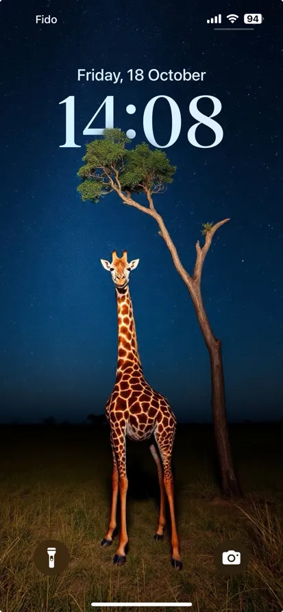 Giraffe standing in a field beneath a starry sky.