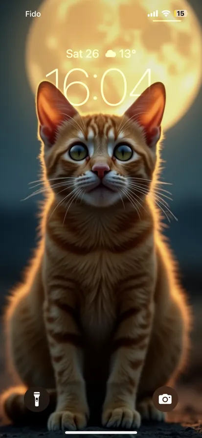 A calm orange tabby cat sits under a bright full moon.